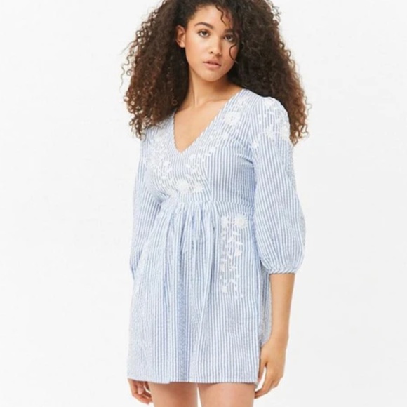 Forever 21 Floral Embroidered Striped Peasant Dress - Picture 1 of 13